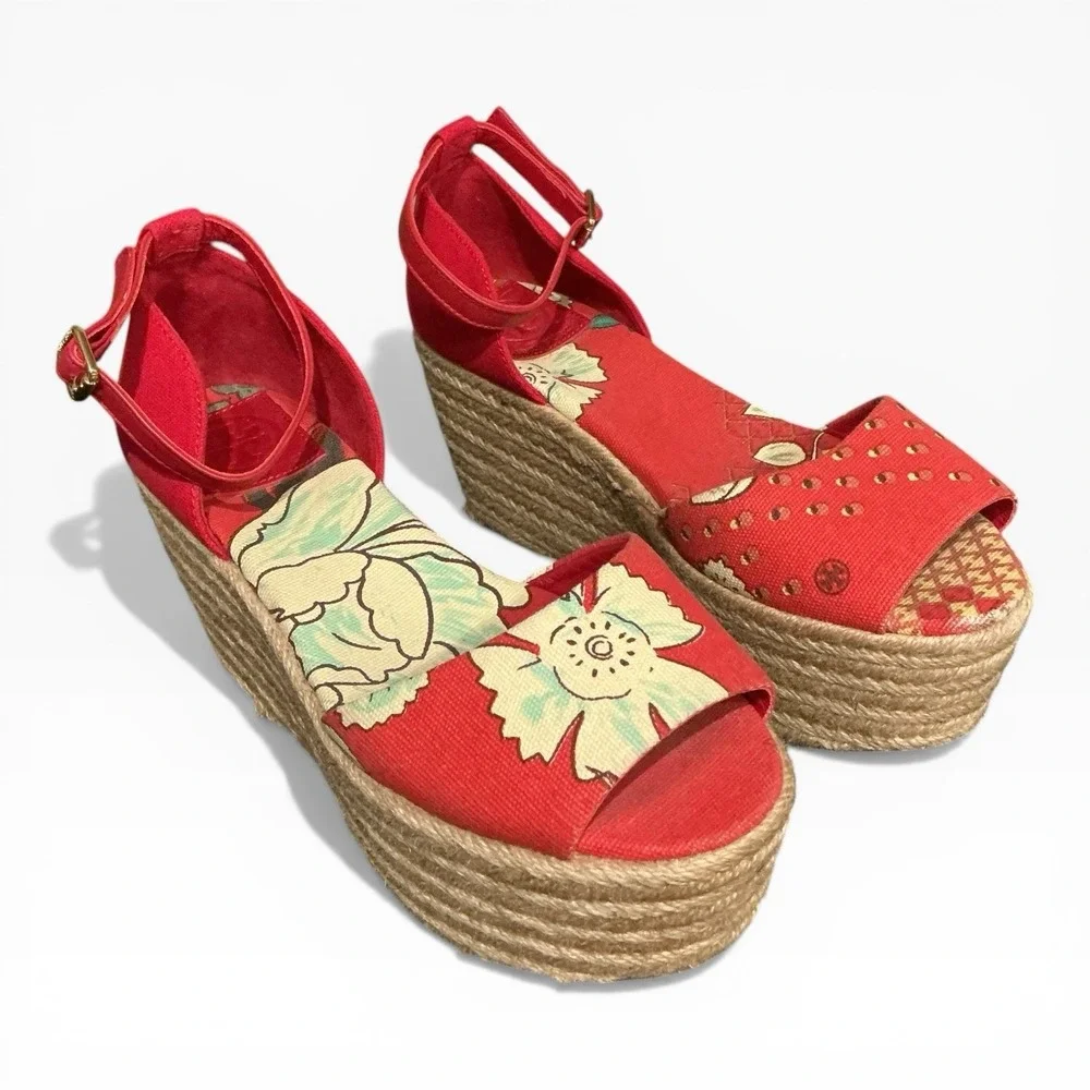 TORY BURCH Sherri Espadrille Platform Sandals Womens 8‎ Red Cream Floral Print